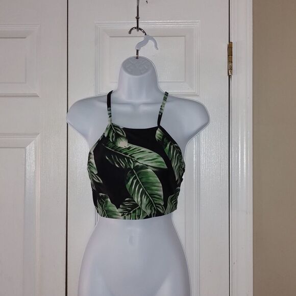 Shein black green tropical  binkini top Sz M NWOT - Picture 1 of 4